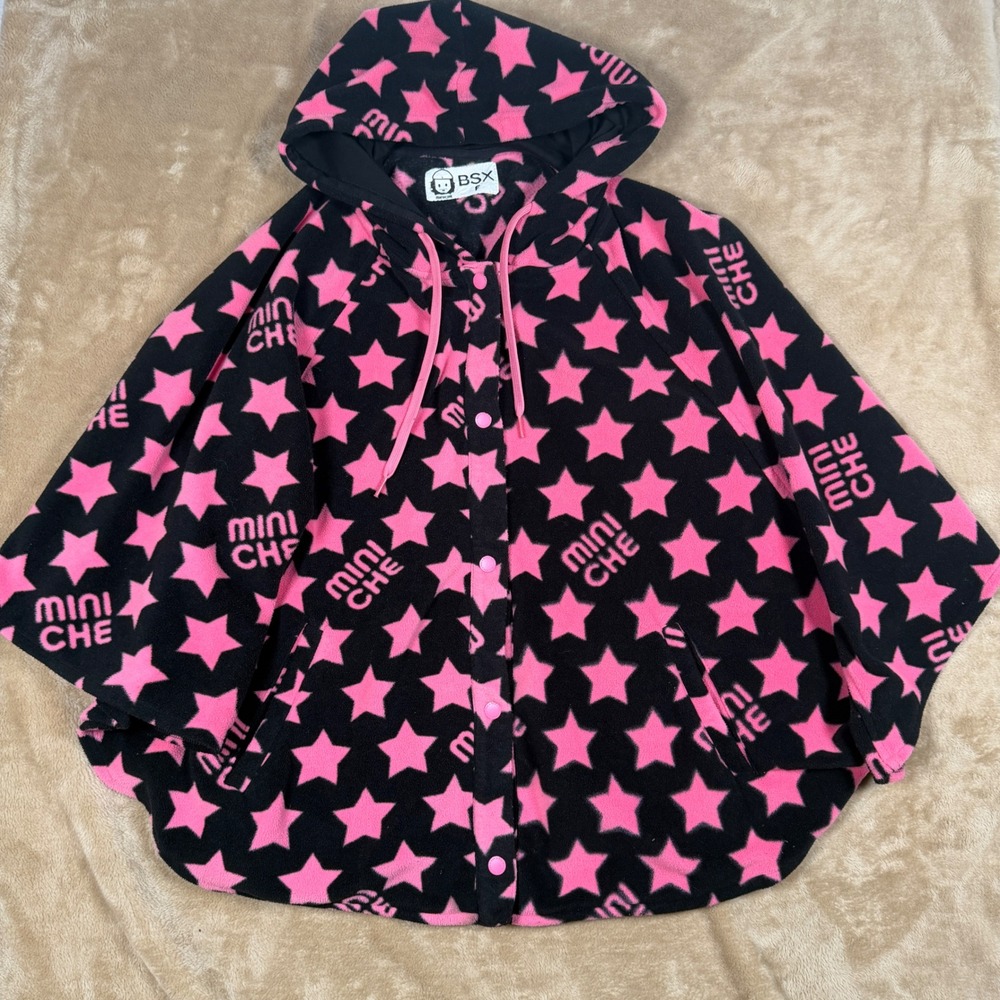 BSX Mini Che Pink Stars Fleece Hooded Poncho Cape Black One Size F